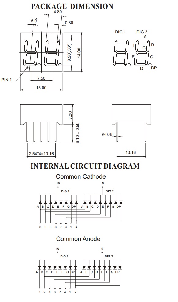 7 Segment 0.36 นิ้ว Common Cathode 2digit Red ไฟ 7 segment 0.36 2 หลัก สีแดงแบบไฟลบร่วม 3621A 3261A