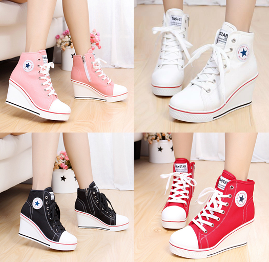 รองเท้าผ้าใบหุ้มข้อเสริมส้นสีแดง/ดำ/ขาว/ชมพู ไซต์ 34-43