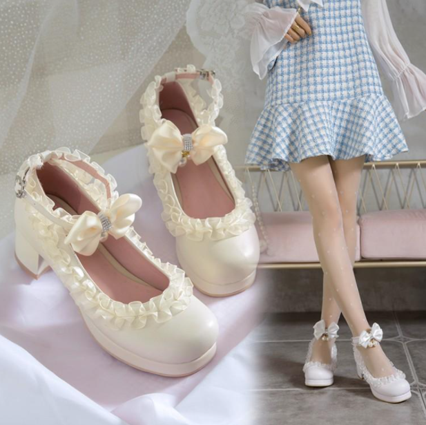 รองเท้าส้นสูงน่ารักๆสีขาว/ครีม/ชม/ดำ/น้ำตาล ไซต์ 34-43