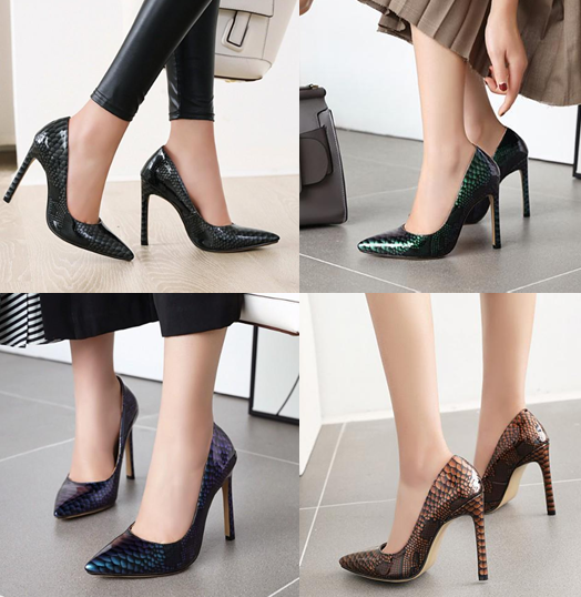 รองเท้าคัทชูปลายแหลมลายหนังงู ไซต์ 34-45 สีดำ/น้ำเงิน/น้ำตาล/เขียว