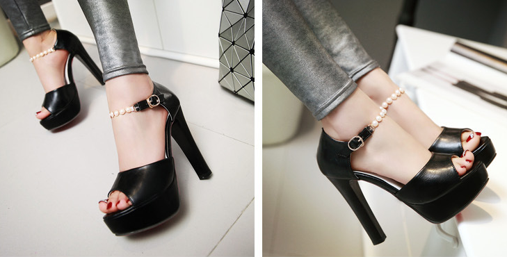 รองเท้าส้นสูงสายรัดข้อแต่งมุข ไต์ 34-43 สีดำ/ขาว/ชมพู/ฟ้า/เขียว
