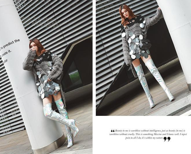 รองเท้าบูทส้นสูงปลายแหลมยาวเลยเข่าหนังเงาสะท้อนแสงสีเงิน/ทอง ไซต์ 34-47