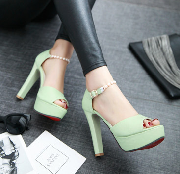 รองเท้าส้นสูงสายรัดข้อแต่งมุข ไต์ 34-43 สีดำ/ขาว/ชมพู/ฟ้า/เขียว