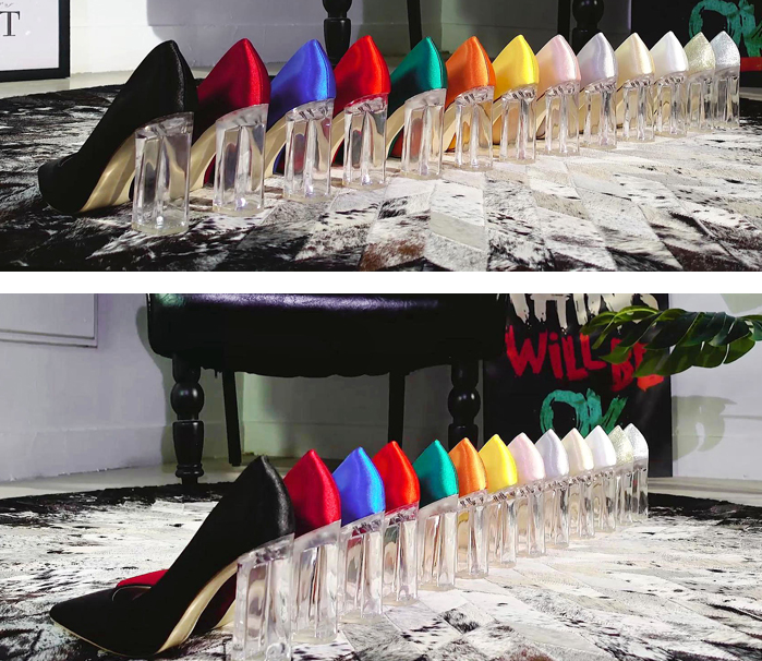 รองเท้าคัทชูปลายแหลมส้นแก้ว ไซต์ 34-43 สีดำ/ขาว/แดงเข้ม/แดง/เงิน/ทอง/ส้ม/เหลือง/น้ำเงิน/เขียว/ชมพู/เทา