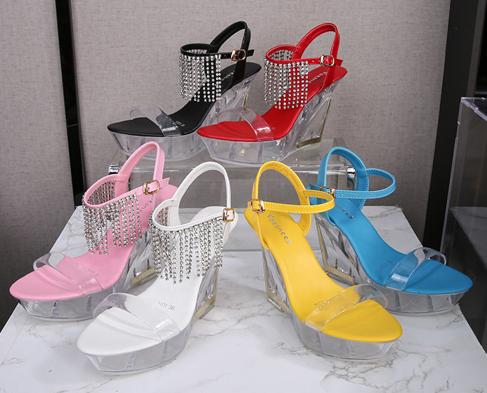 รองเท้าส้นเตารีดส้นแก้ว ไซต์ 34-43 สีดำ/แดง/ขาว/ชม/ฟ้า/เหลือง