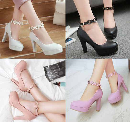 รองเท้าส้นสูงคัทชูสายรัดข้อแต่งดอกไม้น่ารักๆ ไซต์ 34-43 สีดำ/ขาว/ชมพู/ม่วง