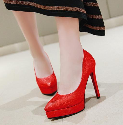 รองเท้าส้นสูงงานผ้าลูกไม้สีขาว/แดง ไซต์ 34-43