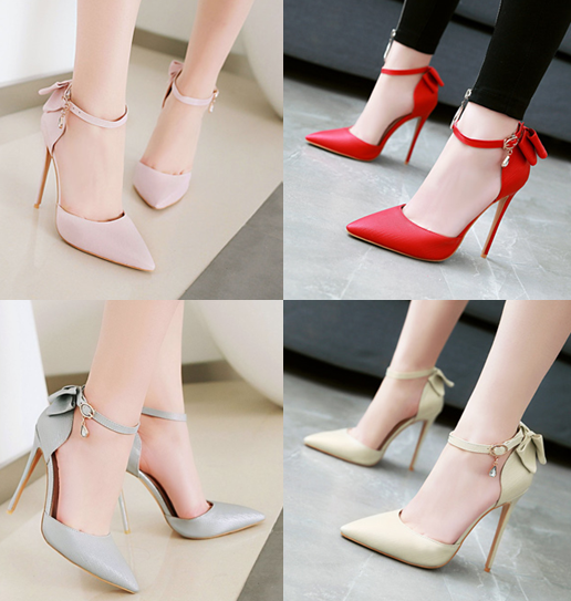 รองเท้าส้นสูงส้นเข็มรัดข้อทรงปลายแหลมสีแดง/ชม/ทอง/เงิน ไซต์ 34-40