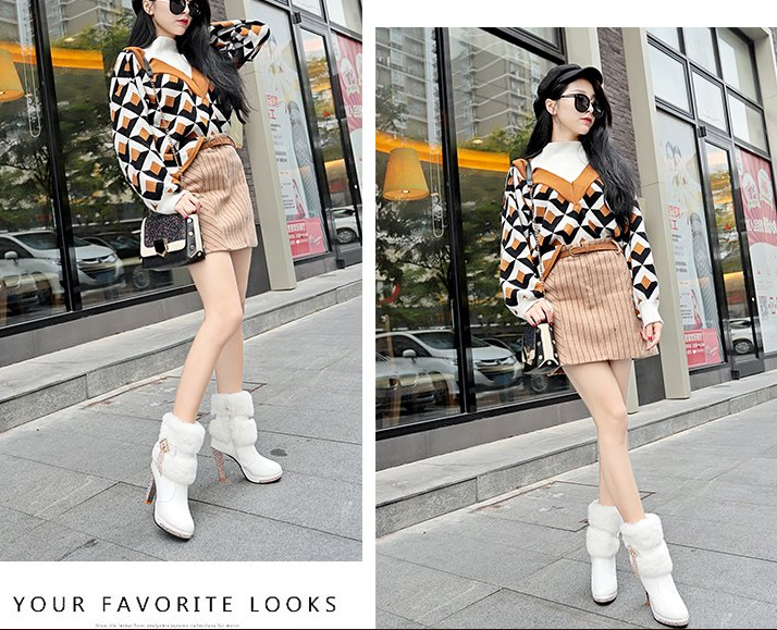 รองเท้าบูทส้นสูงแต่งขนปุยสีขาว/ดำ ไซต์ 35-40