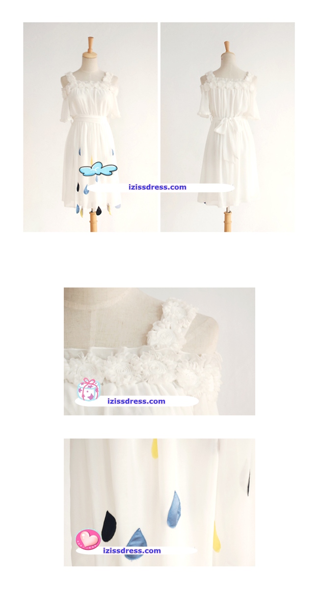 **พร้อมส่ง**เดรสสีขาวตกแต่งรอบคอด้วยดอกกุหลาบ แขนระบาย ชายกระโปรงประดับด้วยรูปหยดน้ำโทนสีฟ้า