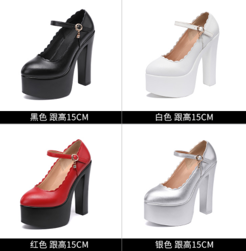 รองเท้าคัทชูส้นสูงส้นหนา ไซต์ 34-43 สีดำ/ขาว/แดง/เงิน