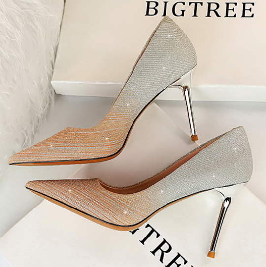 รองเท้าคัทชูส้นสูงปลายแหลมทูโทน ไซต์ 34-40 สีเงิน/ทอง/ชม/หลากสี