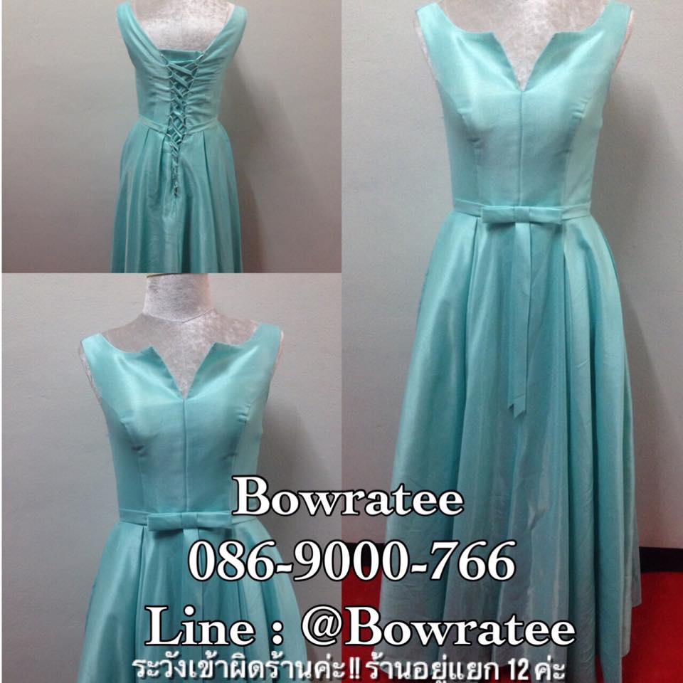 ชุดราตรีสีฟ้างานผ้าไหม ทรงแขนกุดกระโปรงพองสไตล์เจ้าหญิง