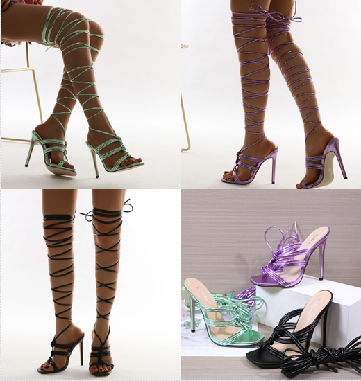 รองเท้าส้นสูงเชือกผูกรอบขายาวถึงต้นขา ไซต์ 35-41 สีดำ/เขียว/ม่วง