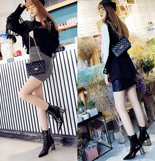 รองเท้าบูทส้นสูงหนังเงาสีดำ/น้ำตาล ไซต์ 34-40