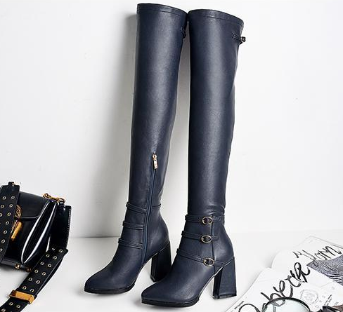 รองเท้าบูทยาวเลยเข่าส้นหนา ไซต์ 34-43 สีดำ/น้ำตาล/น้ำเงิน