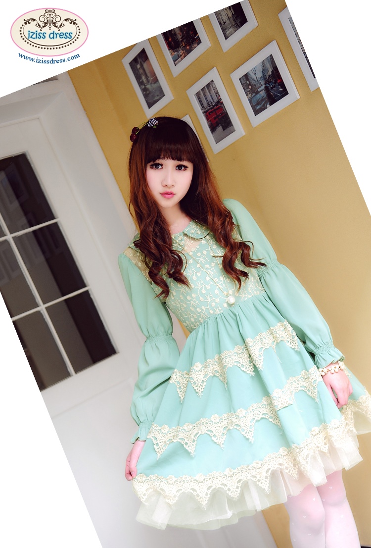 ***!!!HOT!!!***พร้อมส่งเดรสชีฟองตาข่ายสีเขียวมิ้นต์คอบัว แขนยาว ปักดิ้นสีทองรูปดอกไม้สไตล์เจ้าหญิง