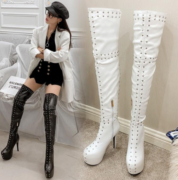 รองเท้าบูทหนังส้นสูงยาวเลยเข่า ไซต์ 34-43 สีขาว/ดำ