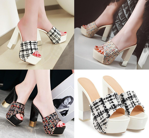 รองเท้าส้นสูงส้นหนาแบบสวม ไซต์ 34-43 สีดำ/ครีม/ขาว