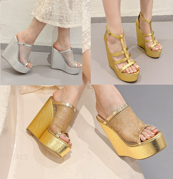 รองเท้าส้นเตารีดสูง 5.6 นิ้ว ไซส์ 35-42 สีเงิน/ทอง