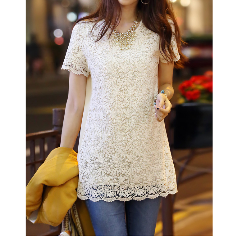 ***หมดค่ะ***เสื้อผ้าลูกไม้สีครีม คอกลมแขนสั้นมีซับในสวยเหมือนแบบ100%ค่ะ