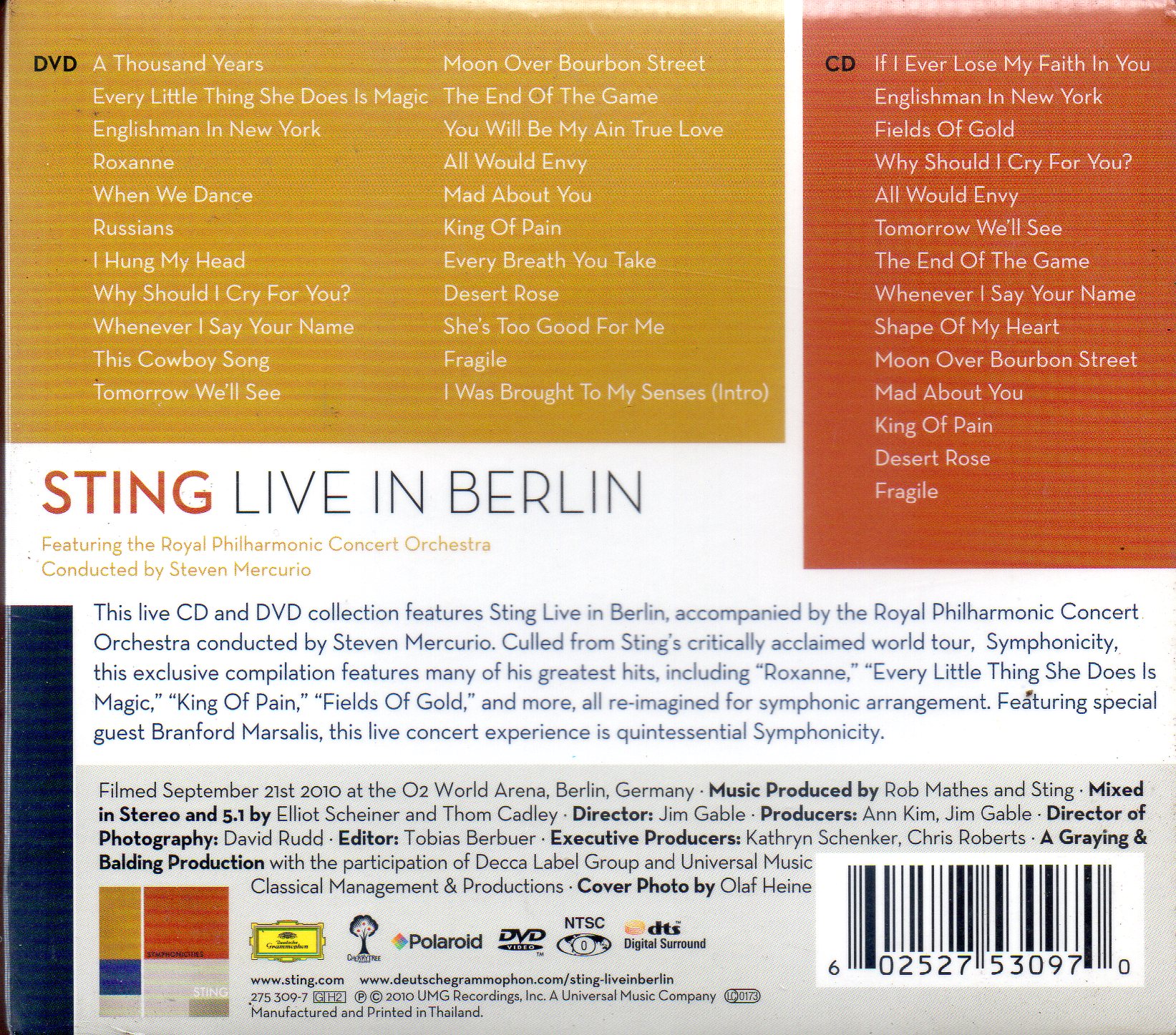 CD+DVD,Sting - Live In Berlin Featuring The Royal Philharmonic Concert Orchestra (2010)(Thai)