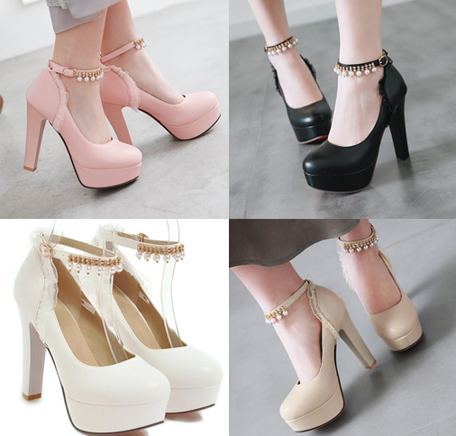 รองเท้าส้นสูงคัดชูมีสายรัดข้อ ไซต์ 34-43 สีดำ/ขาว/ชมพู/ครีม