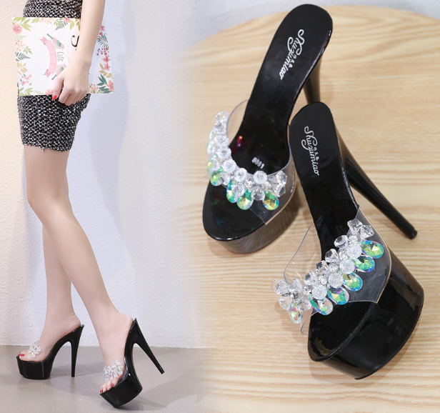 รองเท้าส้นสูงแบบสวมแต่คริสตัลสวยหรูพื้นดำ/ขาว ไซต์ 34-41