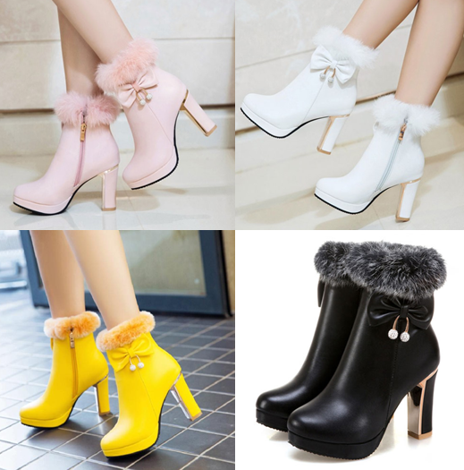 รองเท้าบูทส้นสูงแต่งขนปุยสีขาว/ดำ/ชมพู/เหลือง ไซต์ 34-43