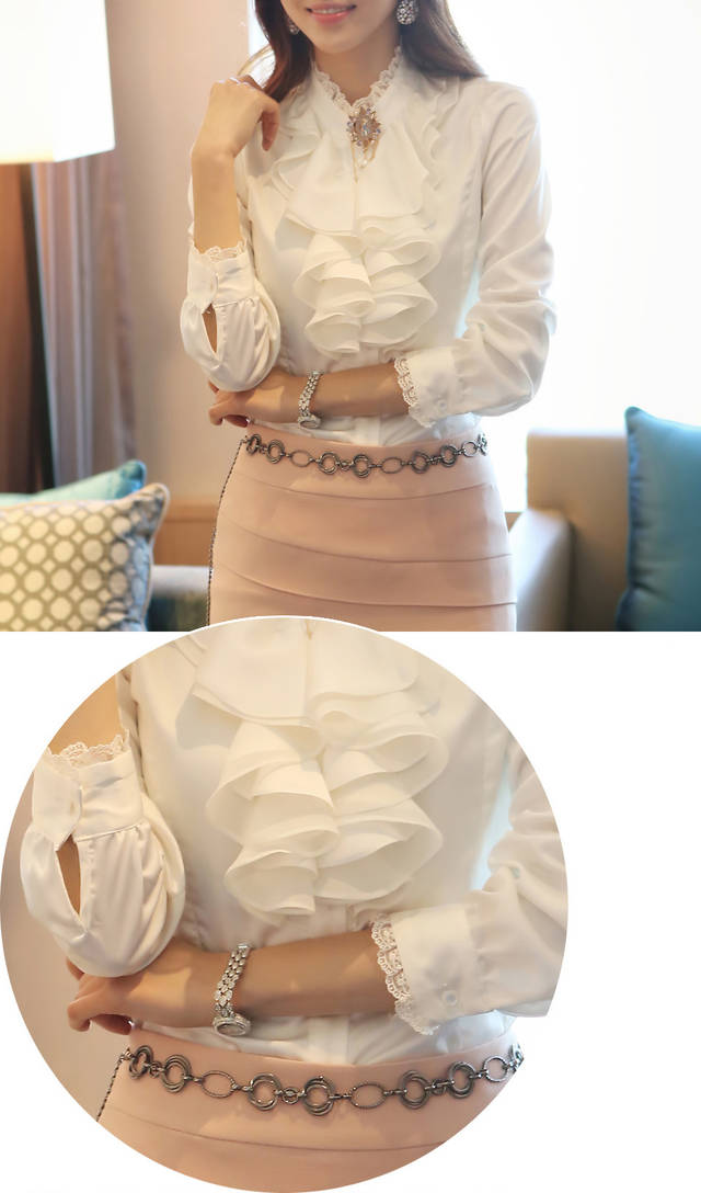 ***หมดค่ะ***เสื้อผ้าซาตินเนื้อมันสีขาว แต่งระบายด้านหน้าแขนยาว สวยเหมือนแบบค่ะ