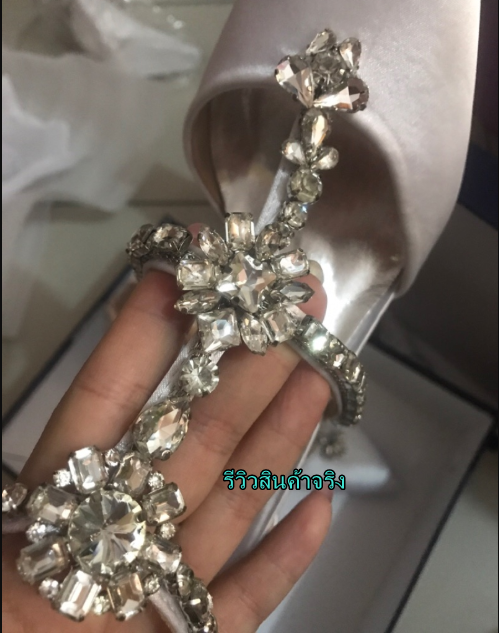 รองเท้าส้นสูงปลายแหลมแต่งคริสตัลสุดหรูสีเงิน/ชมพู ไซต์ 34-39 (เท้าอวบ/หน้าเท้ากว้าง +เพิ่ม 1 ไซต์ )