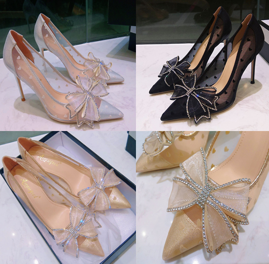 รองเท้าคัทชูปลายแหลมแต่งโบว์คริสตัล ไซต์ 34-41 สีเงิน/ทอง/ดำ