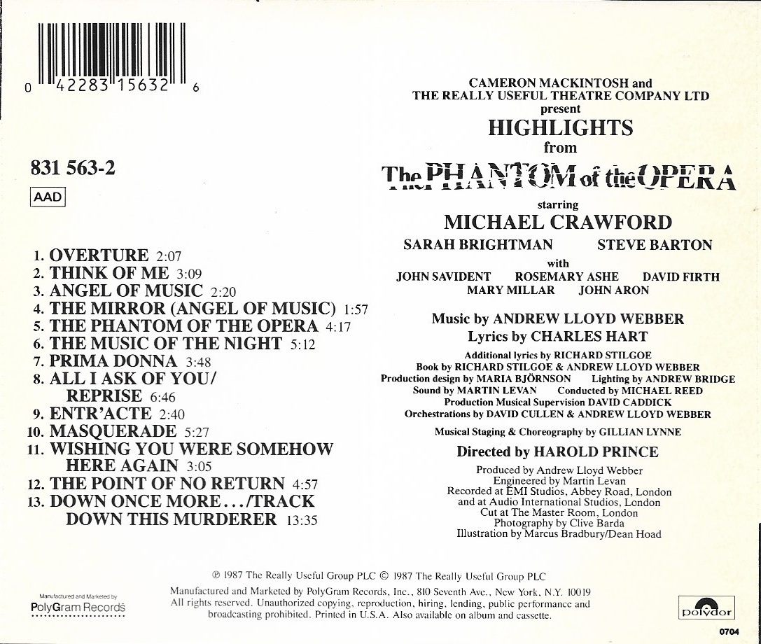 Used CD,The Phantom Of The Opera (A+)(The Original Cast Recording)(Highlights)(Soundtrack)(OST.)(1987)(USA)