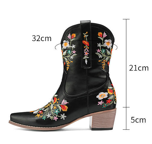 รองเท้าบูทหนังปักลายดอก ไซส์ 34-43 สีดำ/น้ำตาลเข้ม/น้ำตาลแดง/ฟ้า/ม่วง/ชมพู