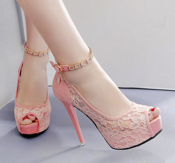 รองเท้าส้นสูงคัดชูเปิดหน้าผ้าลูกไม้สีดำ/ขาว/ชมพู ไซต์ 34-39
