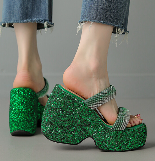 รองเท้าส้นเตารีดงานกริ๊ตเตอร์ ไซส์ 34-43 สีชมพู/เขียว/ดำ
