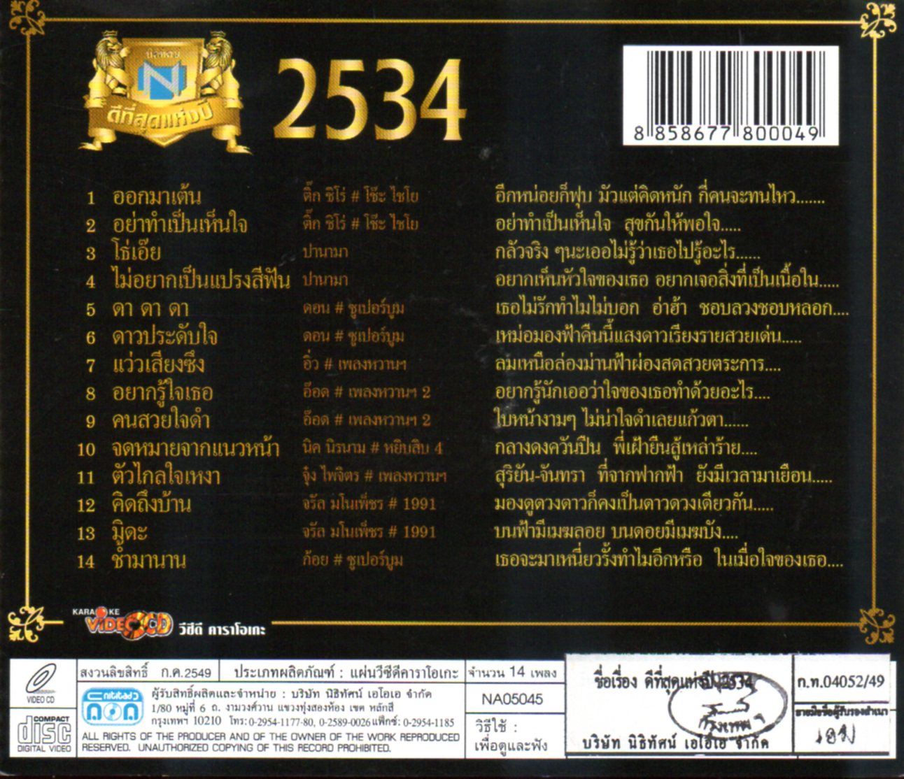 VCD Karaoke,นิธิทัศน์ ดีที่สุดแห่งปี 2534 (วีซีดี คาราโอเกะ)(รวมศิลปิน)(V.A.T)(2549)