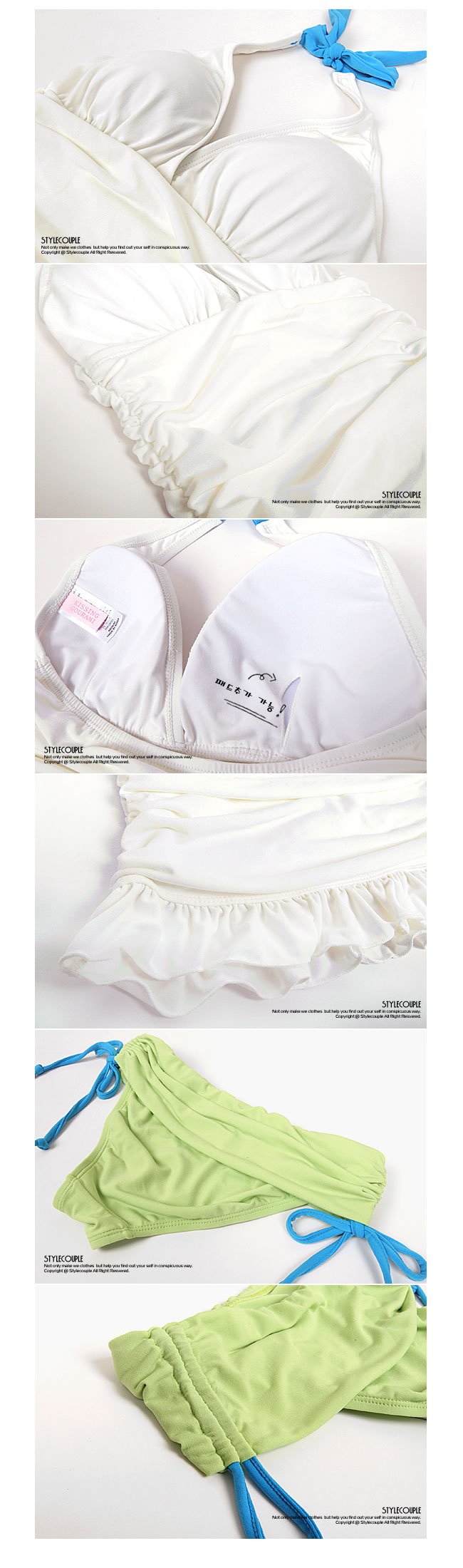 **หมดค่ะ**ชุดว่ายน้ำ 2 ชิ้น ตัวเสื้อผ้ายืดสีขาวผูกโบที่คอสีฟ้า+กางเกงขาสั้นสีเขียวอ่อน