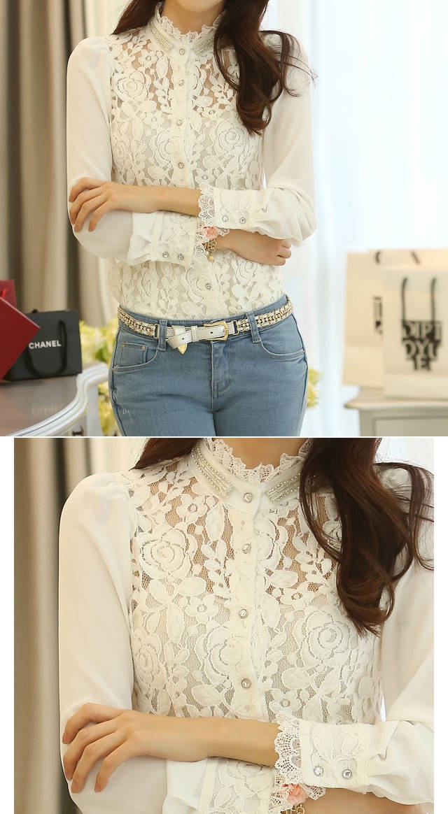 ***หมดค่ะ***เสื้อเชิ๊ตลูกไม้สีครีมแขนยาวผ้าชีฟอง ตกแต่งด้วยคริสตัล ติดกระดุมผ่าหน้า+สายเดี่ยวตัวในค่ะ