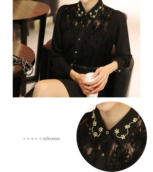 ***หมดค่ะ*** เสื้อชีฟองสีดำ ช่วงลำตัวต่อลุกไม้ แขนยาว ปักพลอยที่ปกเสื้อ สวยเหมือนแบบค่ะ