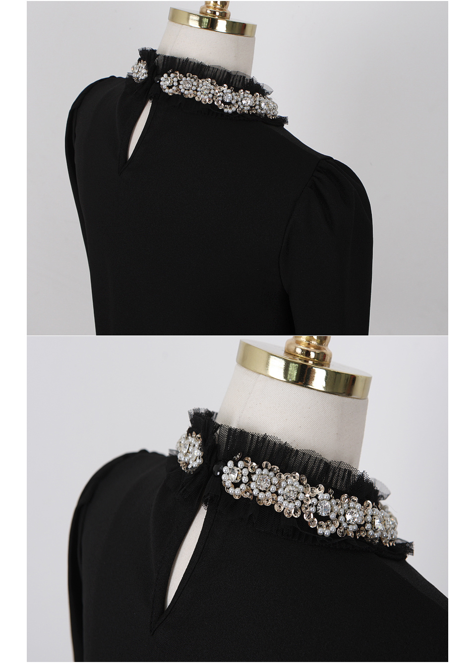 **หมดค่ะ**เสื้อใส่ทำงานผ้าชีฟองสีดำแขนยาว ดีเทลตกแต่งช่วงคอด้วยระบายแถบผ้าลูกไม้สีดำ ติดเพชรล้อมรอบด้วยมุกเลื่อมสีทอง สวยคุณภาพดีเหมือนแบบค่ะ