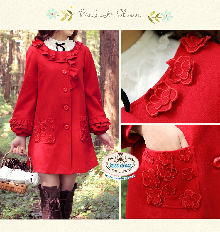 ***หมดค่ะ***เสื้อโค้ทกันหนาวสีแดง ตกแต่งระบายรอบคอและช่วงแขน ติดกระดุมด้านหน้า สวยเหมือนแบบค่ะ