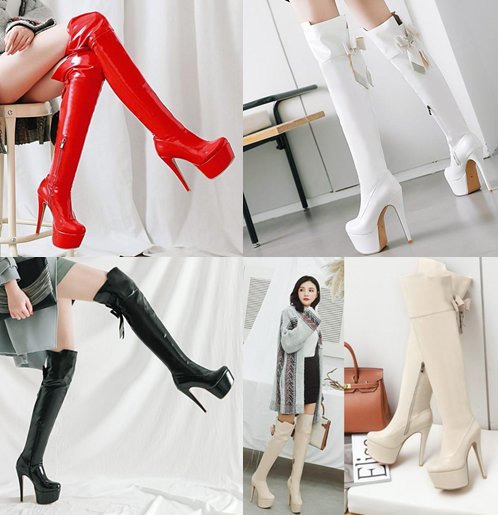 รองเท้าบูทส้นสูงยาวเลยเข่าแต่งโบว์หลังสีดำ/แดง/ขาว/ครีม ไซต์ 34-46