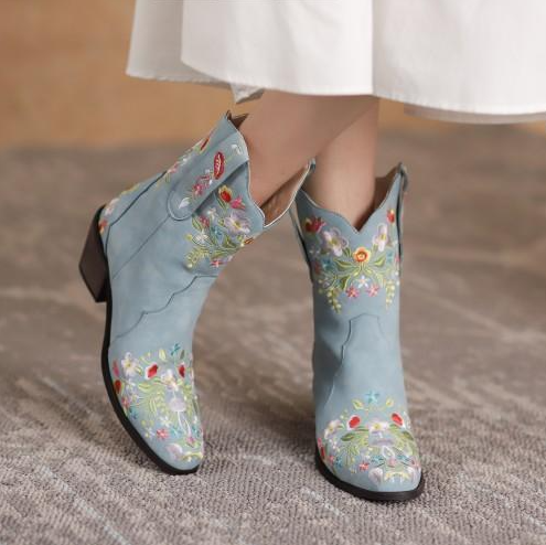 รองเท้าบูททรงคาวบอยสั้น ไซส์ 34-46 สีน้ำเงิน/น้ำตาลอ่อน/น้ำตาลเข้ม/เหลือง/ฟ้า