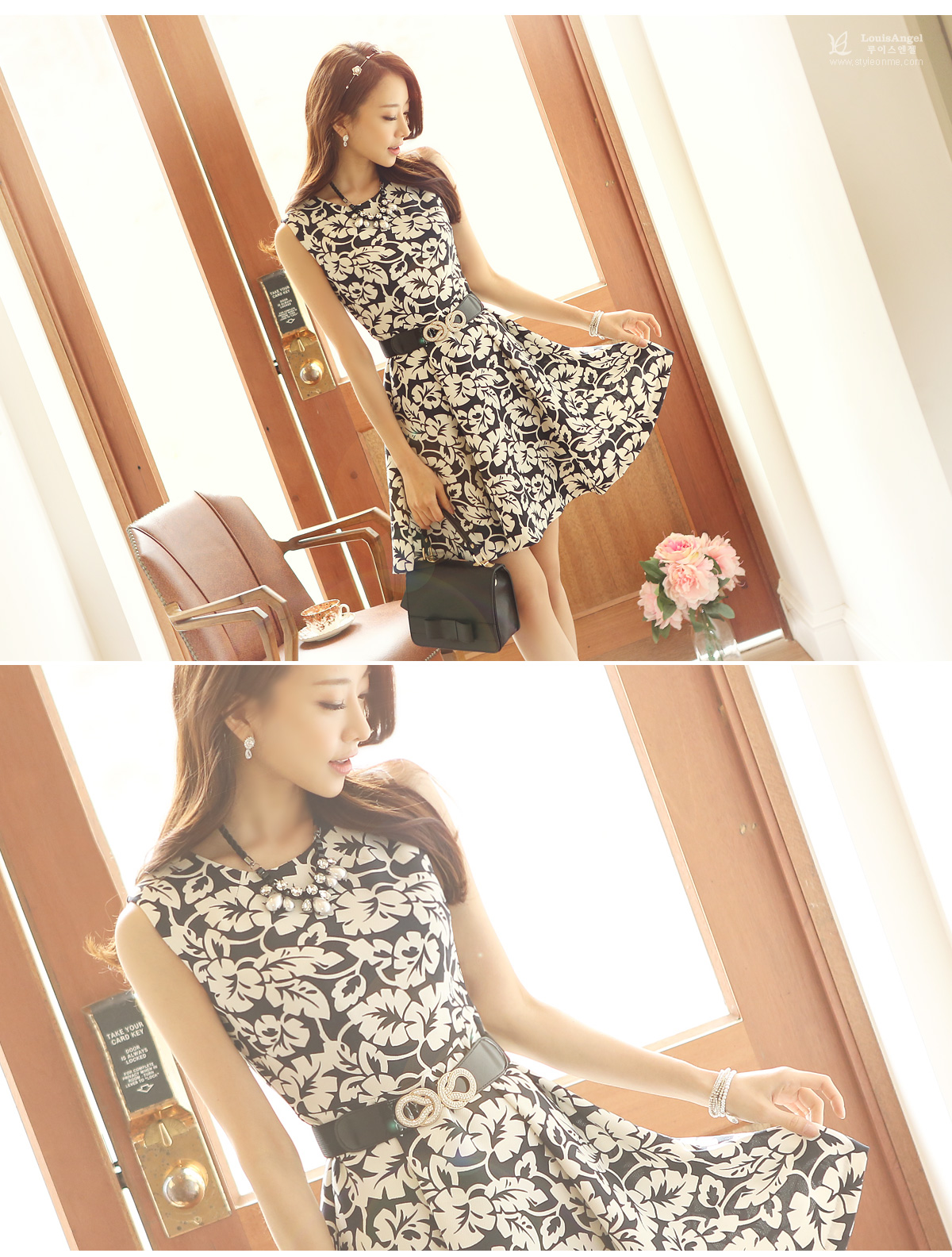 ***หมดค่ะ***เดรสแขนกุดสีดำผ้าพิมพ์ลายดอกไม้ หรูหรามากค่ะ