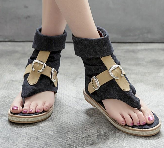 รองเท้าส้นเตี้ยผ้ายีนส์แบบเก๋สีดำ/ฟ้า/น้ำเงิน ไซต์ 34-43