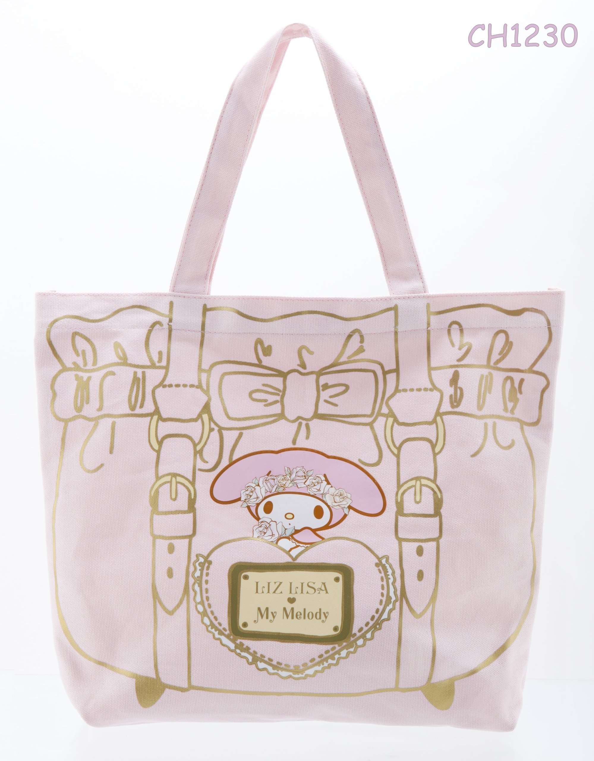 (มีกล่อง) LIZ LISA My Melody กระเป๋าผ้าสีชมพูหวาน โลโก้และลายตกแต่งเป็นสีทอง จี้ห้อยสีชมพูรูปหัวใจ