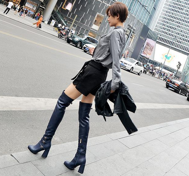 รองเท้าบูทยาวเลยเข่าส้นหนา ไซต์ 34-43 สีดำ/น้ำตาล/น้ำเงิน