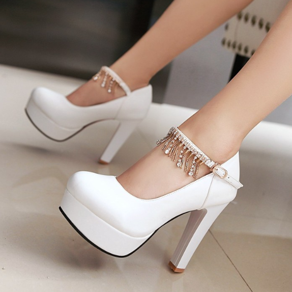 รองเท้าคัทชูส้นหนาแต่งสายรัดข้อสวยหรู ไซต์ 34-43 สีดำ/ขาว/ชมพู/ฟ้า