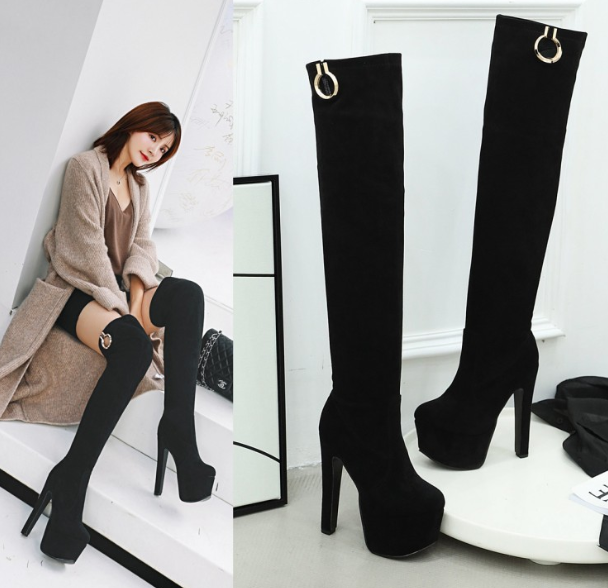 รองเท้าบูทส้นสูงหนังกำมะหยี่ยาวเลยเข่า ไซต์ 34-46 สีแดง/ดำ